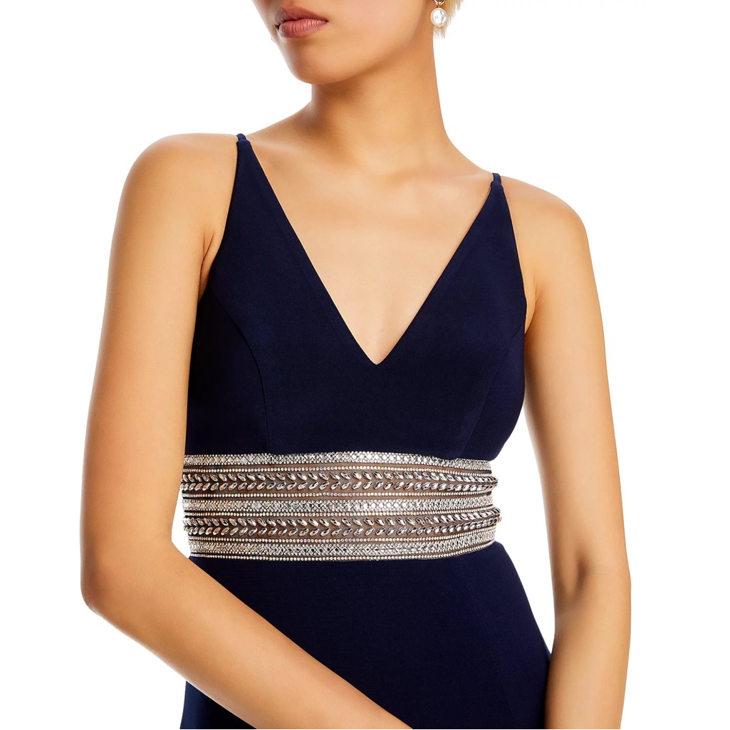 Aqua Navy Blue Maxi Dress With Embellished Waist.